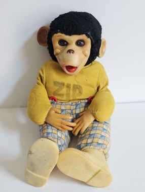 Vintage "Zip The Monkey" 18" Plush Doll With Hard Plastic Face & Bib
